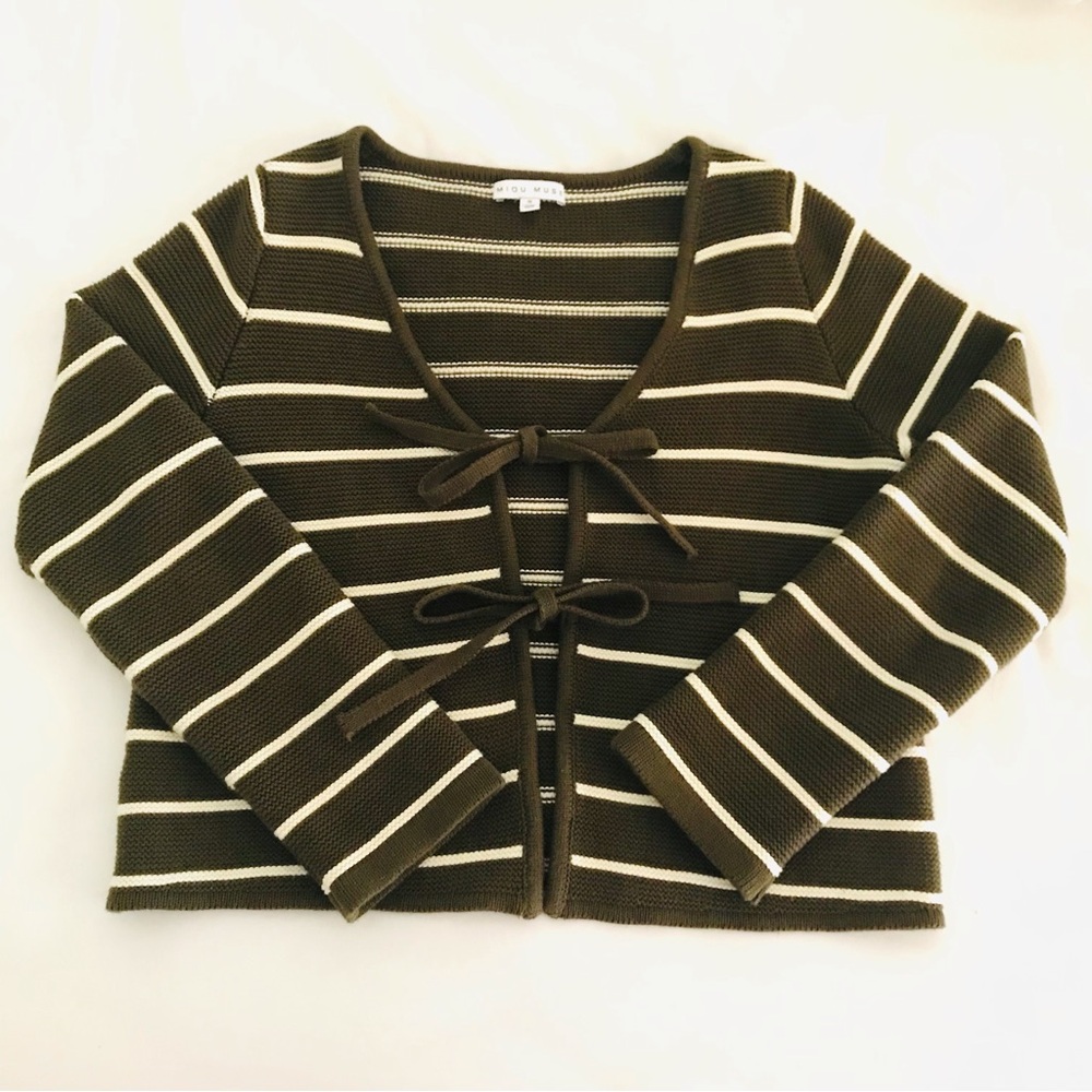 Miou Muse 100% Cotton Striped Tie-Front Cropped Cardigan / Sweater - Size S EUC
